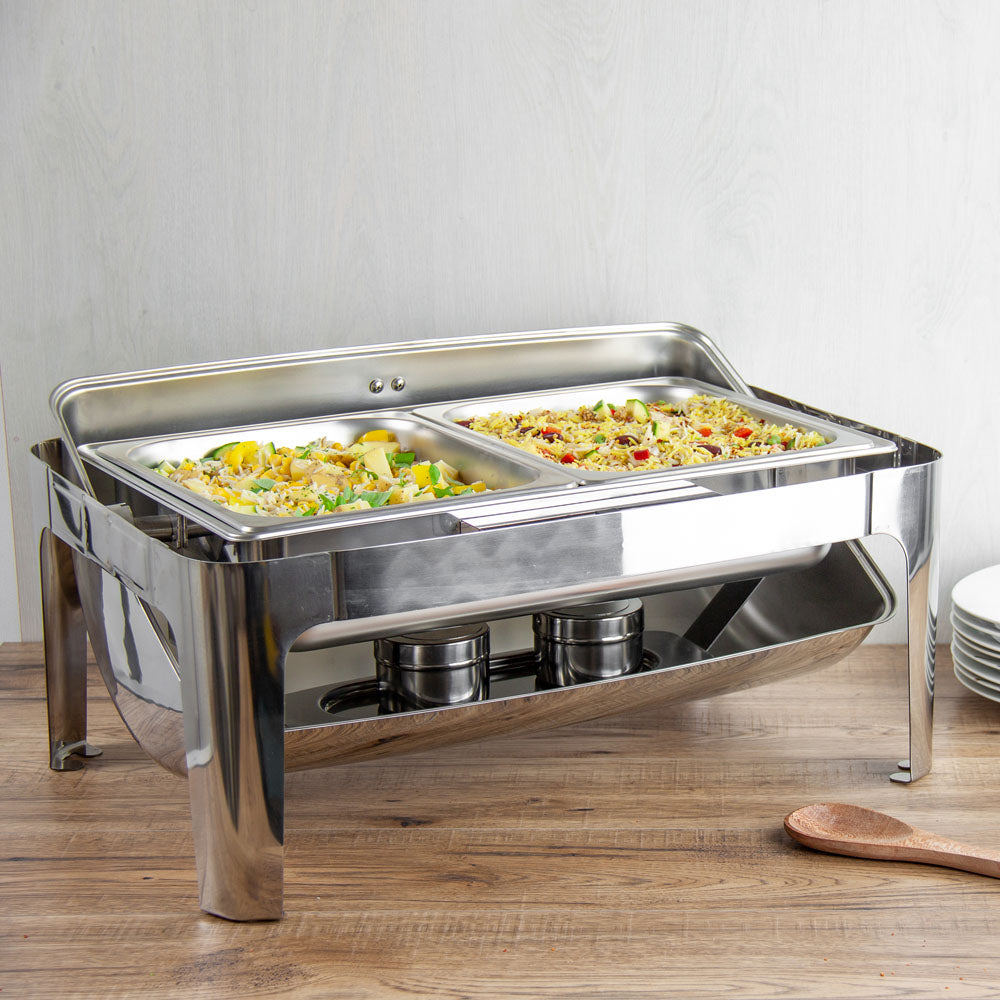 Sq Professional Banquet Chafing Dish With Roll Top Double Compartment Oblong Silver 2 x 4L