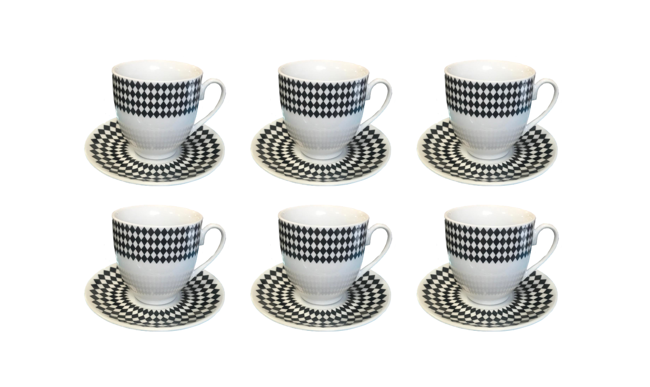 Coffee Tea Cup Mug Set with Saucers Set of 12 Black / White Assorted Designs 7526