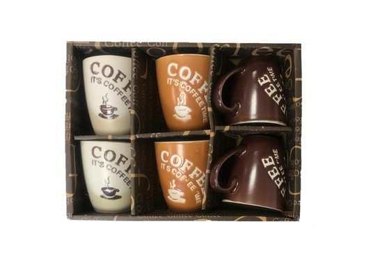 Coffee Tea Cup Mug Set of 6 Coffee Design Assorted Colours 7527