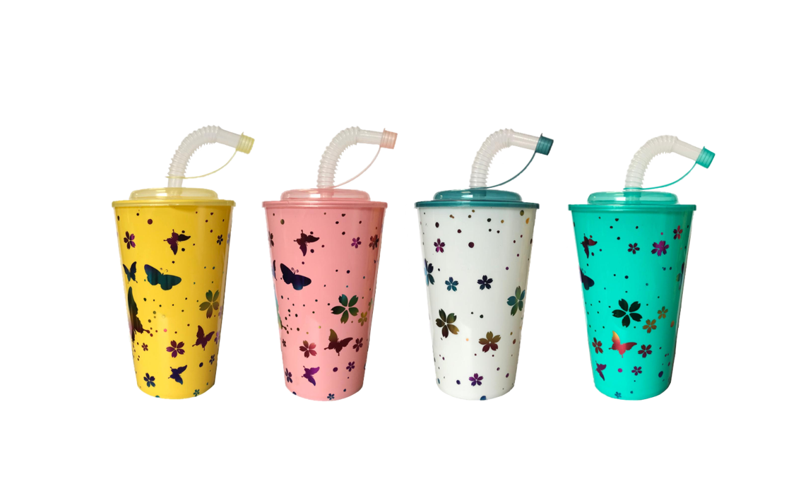 Reusable Plastic Juice Drinking Cup with Lid and Straw 500ml Assorted Colours 7530