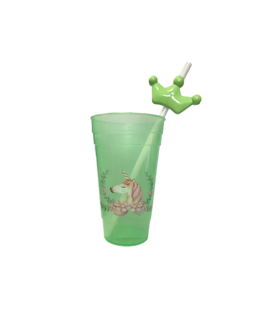 Reusable Plastic Drinking Cup with Straw and Printed Design 15 cm Assorted Designs 7531