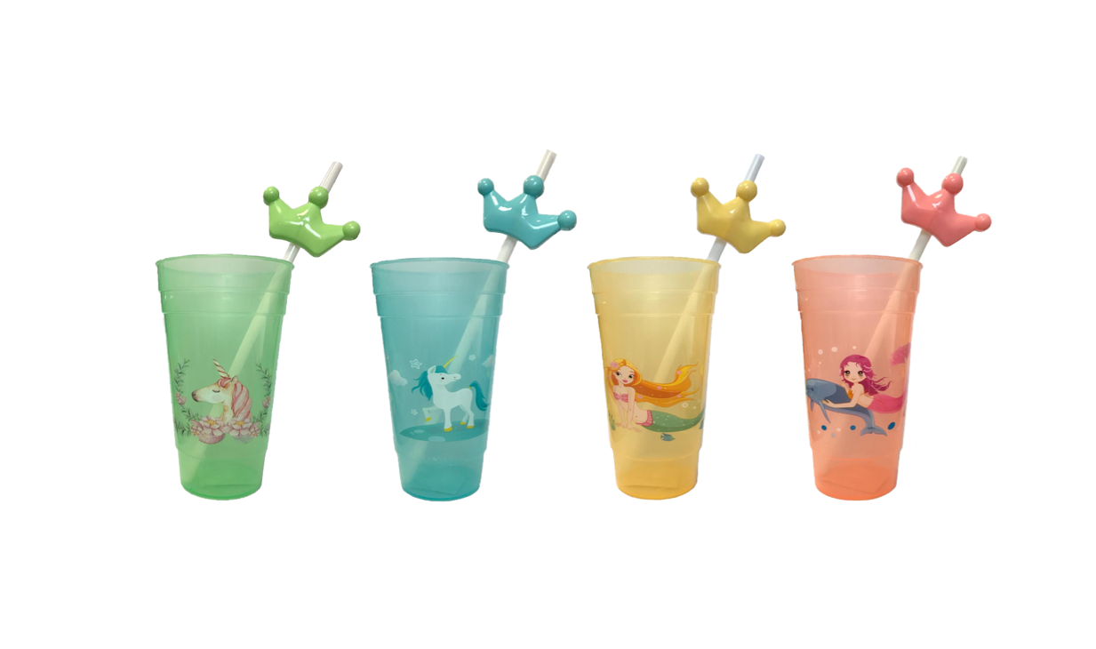 Reusable Plastic Drinking Cup with Straw and Printed Design 15 cm Assorted Designs 7531