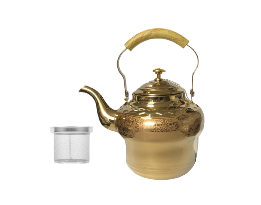 Stainless Steel Gold Coloured Tea Pot With Metal Mesh Filter Strainer And Wooden Grip 2L