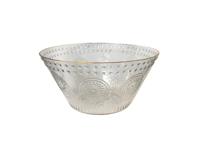Transparent Clear Plastic Patterned Fruit Bowl With Gold Rim