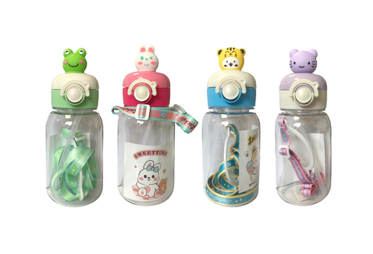 Plastic Water Drinking Bottle Cartoon Animal Design with Carrier Strap 17.5 x 7.5 cm Assorted Designs 7619