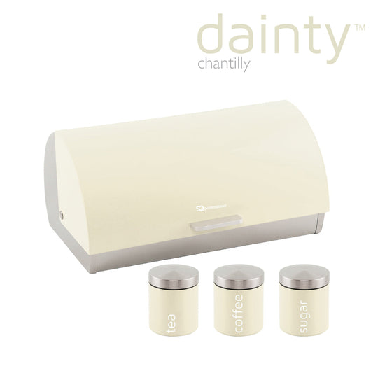 Sq Professional Dainty Metal Bread Bin With 3 Canisters Chantilly Cream