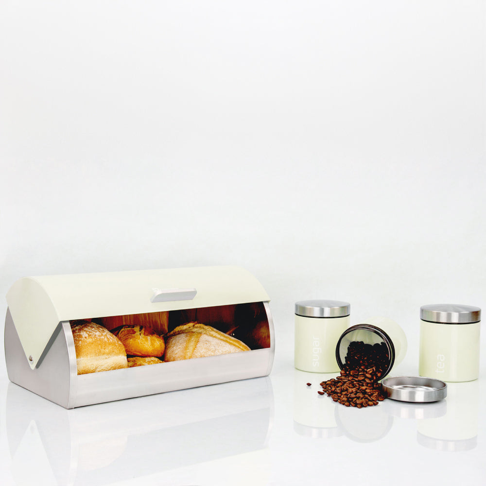 Sq Professional Dainty Metal Bread Bin With 3 Canisters Chantilly Cream