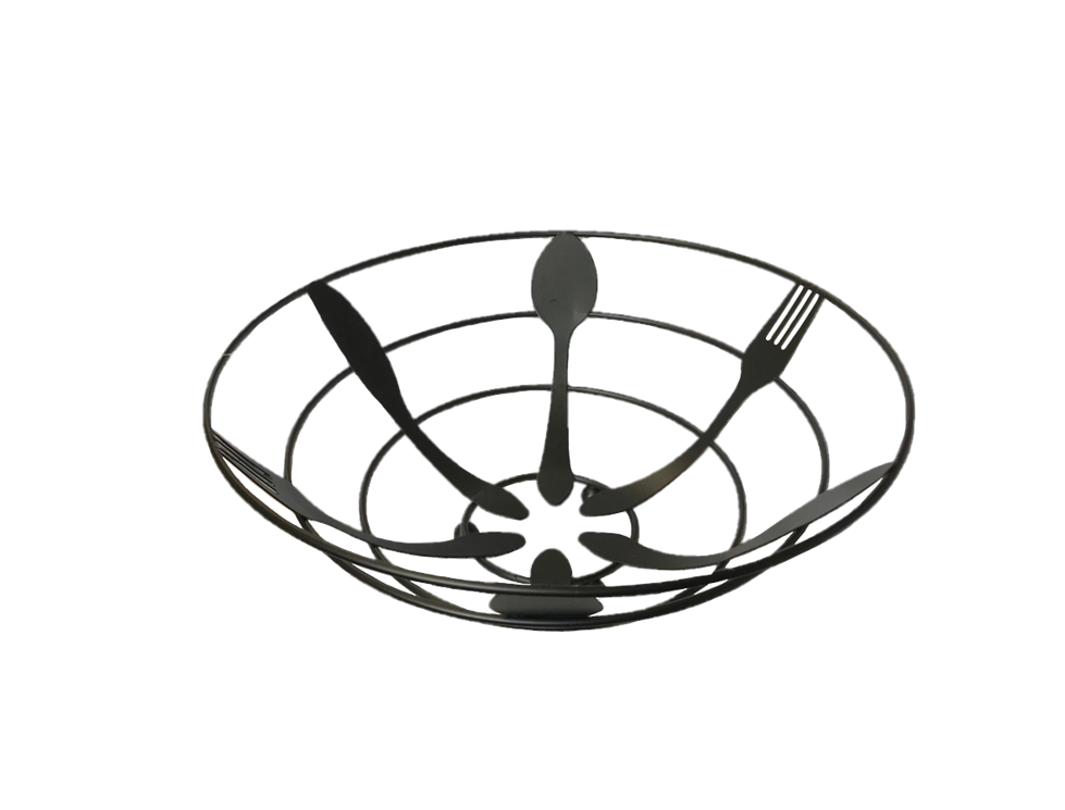 Round Metal Fruit Bowl Basket with Cutlery Design 27 x 10 cm Black 7700