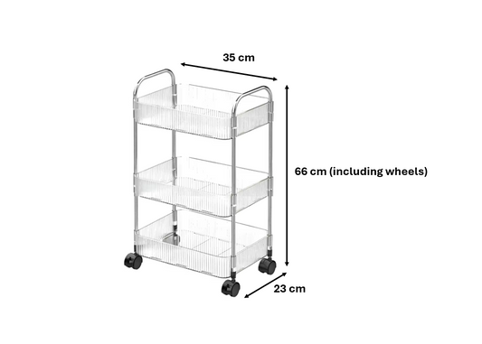 Transparent Plastic 3 Tier Storage Rack Trolley with Wheels 35 x 23 x 66 cm 7702