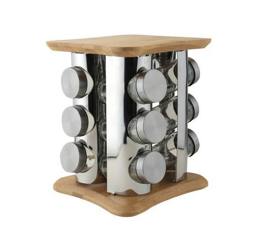Free Standing Wooden And Stainless Steel Spice Rack Holds 12 Glass Spice Jars With Lids