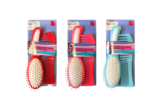 Plastic Hairbrush and Comb Set of 2 Assorted Colours 7741