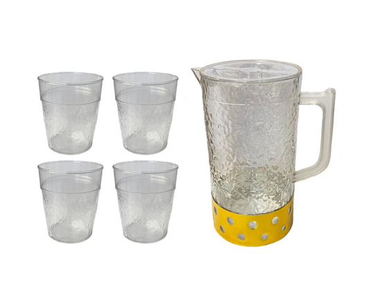 Transparent Plastic Textured Water Juice Pitcher Jug with 4 Cups Assorted Colours 7788