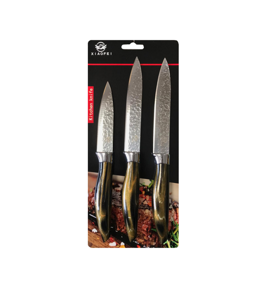 Steel Textured Kitchen Knife with Printed Handle Set of 3 Assorted Colours 7792