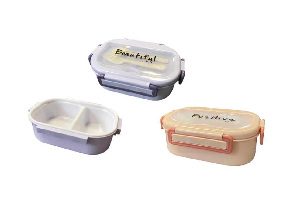 Plastic 2 Compartment Lunch Box with Cutlery 21 x 15 x 7 cm Assorted Colours 7814