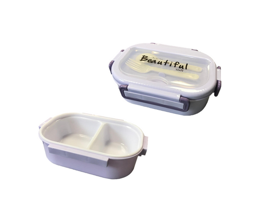 Plastic 2 Compartment Lunch Box with Cutlery 21 x 15 x 7 cm Assorted Colours 7814
