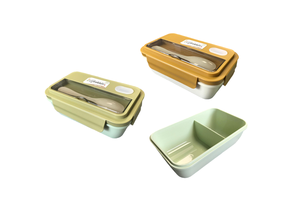 Plastic 2 Compartment Lunch Box with Spoon 20 x 12 x 8 cm Assorted Colours 7815