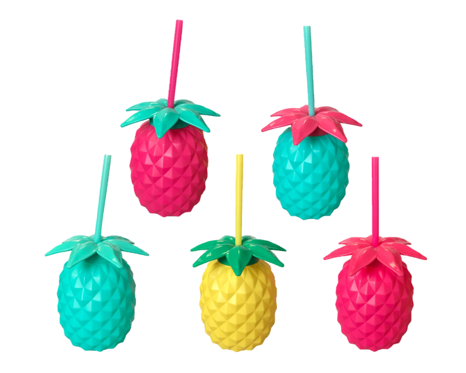 Plastic Pineapple Shaped Cocktail Drinking Glass Cup with Lid and Straw 14 cm Assorted Colours 7818