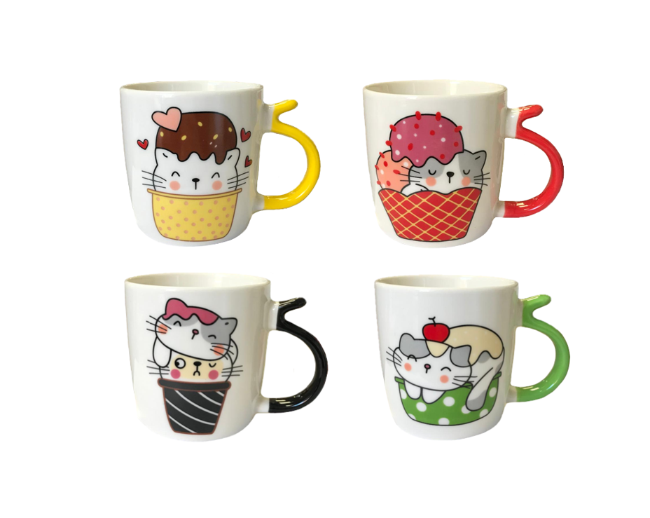 Ceramic Tea Coffee Mug with Cat Ice Cream Design 8.8 x 8.2 cm Assorted Designs 7825