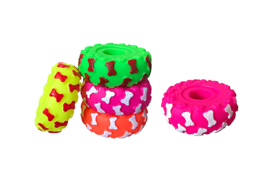 Pet Dog Toy Squeaky Wheel Tyre with Bone Print 9cm Assorted Colours 7828
