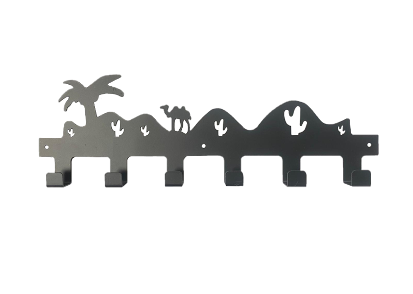 Metal Coat 6 Hook Hanger Rack With Camel Desert Silhouette Design 40Cm Black