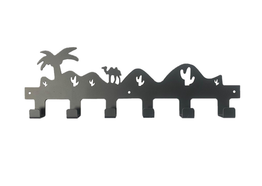 Metal Coat 6 Hook Hanger Rack With Camel Desert Silhouette Design Black
