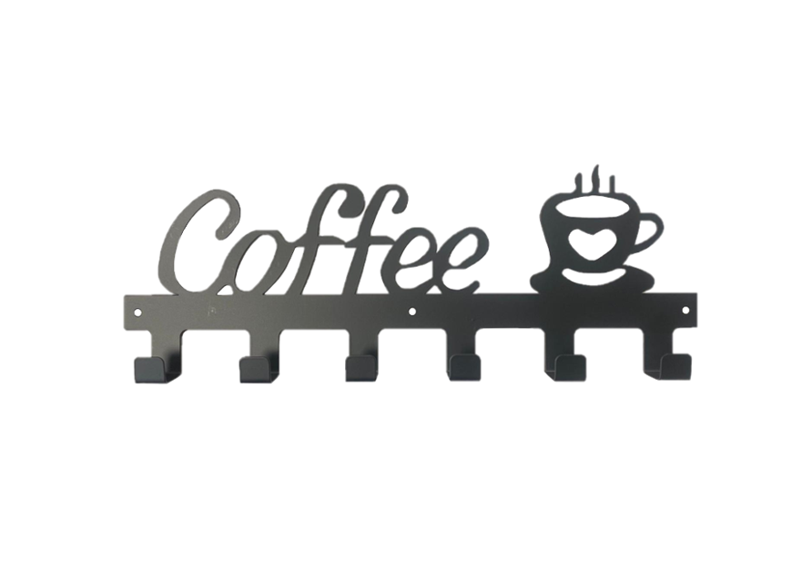 Metal Coat / Mug 6 Hook Hanger Rack With Coffee Cup Design 40Cm Black