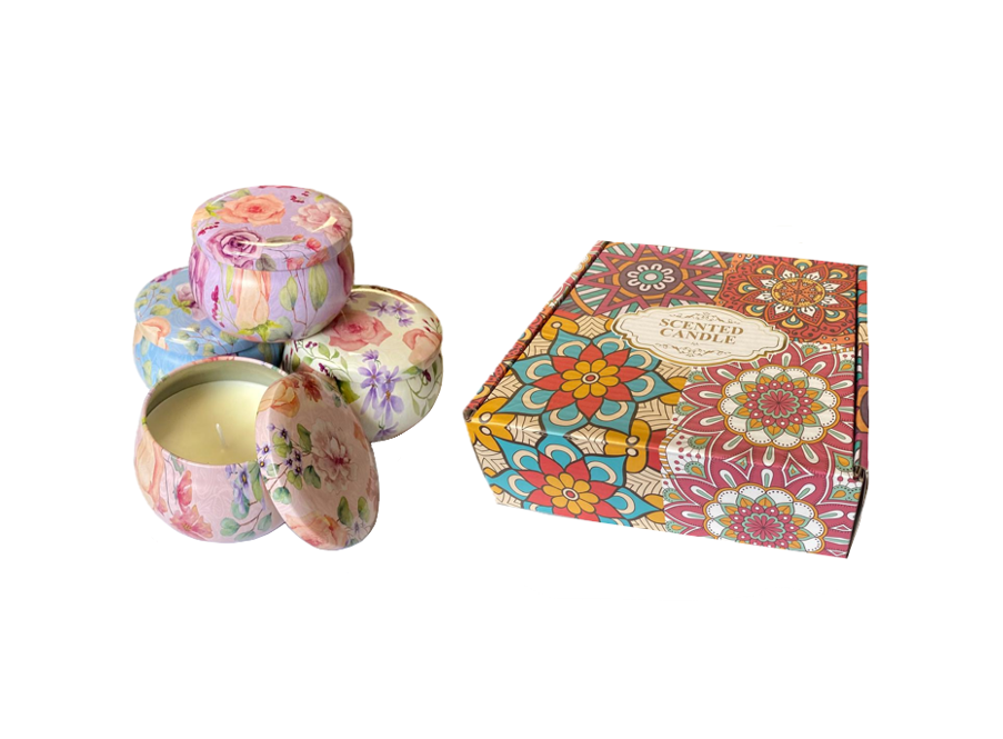 Scented Candle In Metal Jar With Floral Print 7 X 4.5Cm In Gift Box Of 4 Assorted Designs