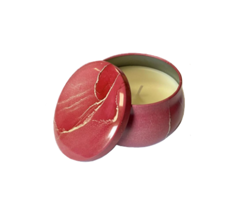 Scented Candle In Metal Jar With Coloured Marble Print 7 X 4.5Cm In Gift Box Of 4 Assorted Designs
