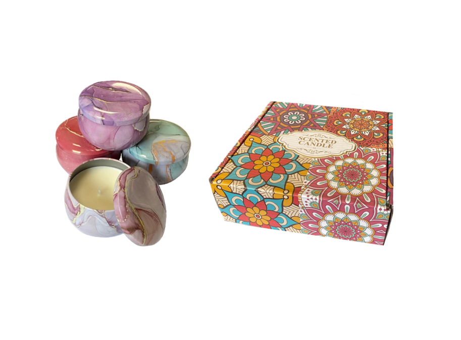 Scented Candle In Metal Jar With Coloured Marble Print 7 X 4.5Cm In Gift Box Of 4 Assorted Designs