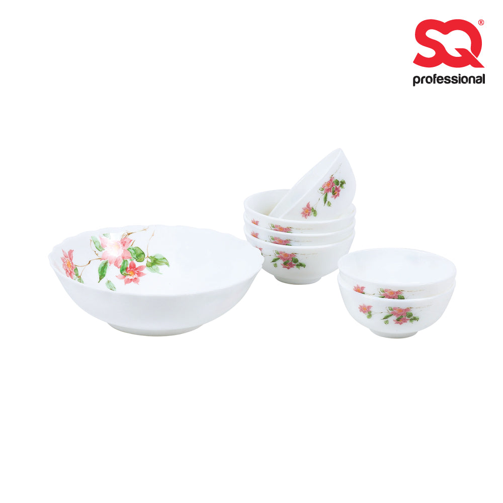 Aria Opal Glass Soup Set of 7 Pink Green Floral 7922