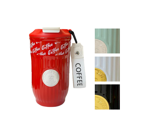 Stainless Steel Coffee Travel Thermos Cup Tumbler With Retro Ribbed Design And Strap 420Ml Assorted Colours