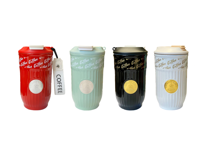 Stainless Steel Coffee Travel Thermos Cup Tumbler With Retro Ribbed Design And Strap 420Ml Assorted Colours