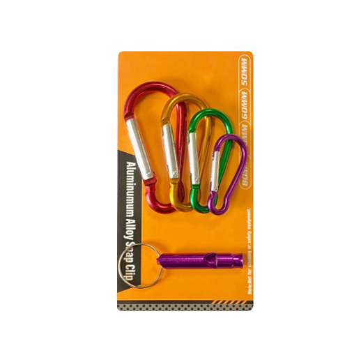 Aluminium Hiking Keychain Carabiner Clip Hook And Whistle Set Of 5 Assorted Colours