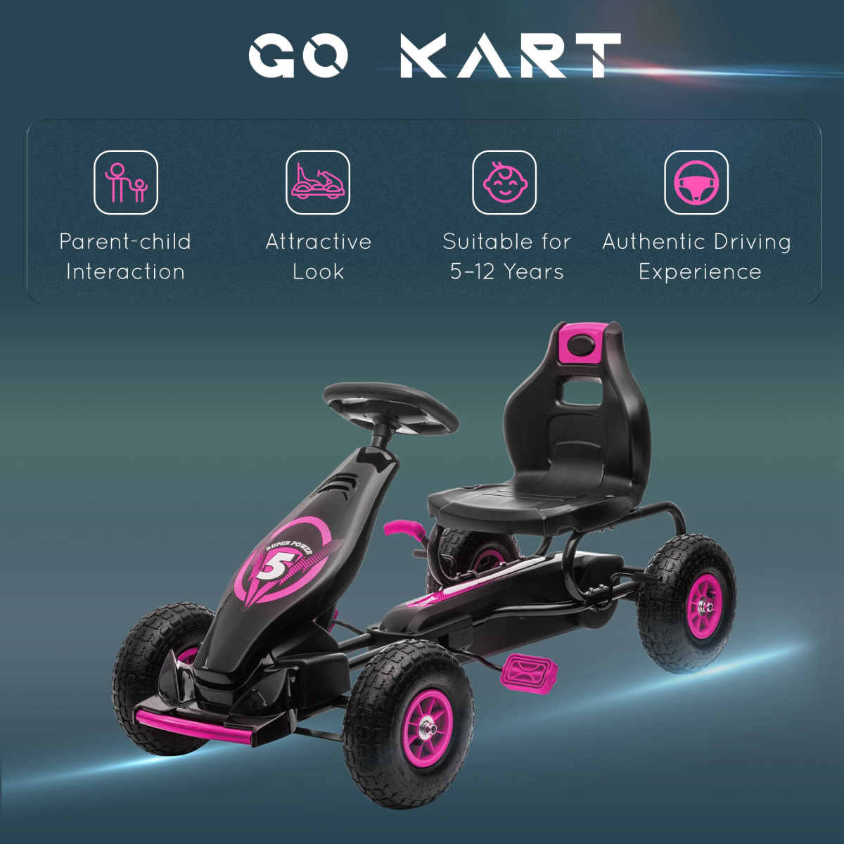 Kids Pedal Go Kart w/ Adjustable Seat, Rubber Wheels, Brake - Pink