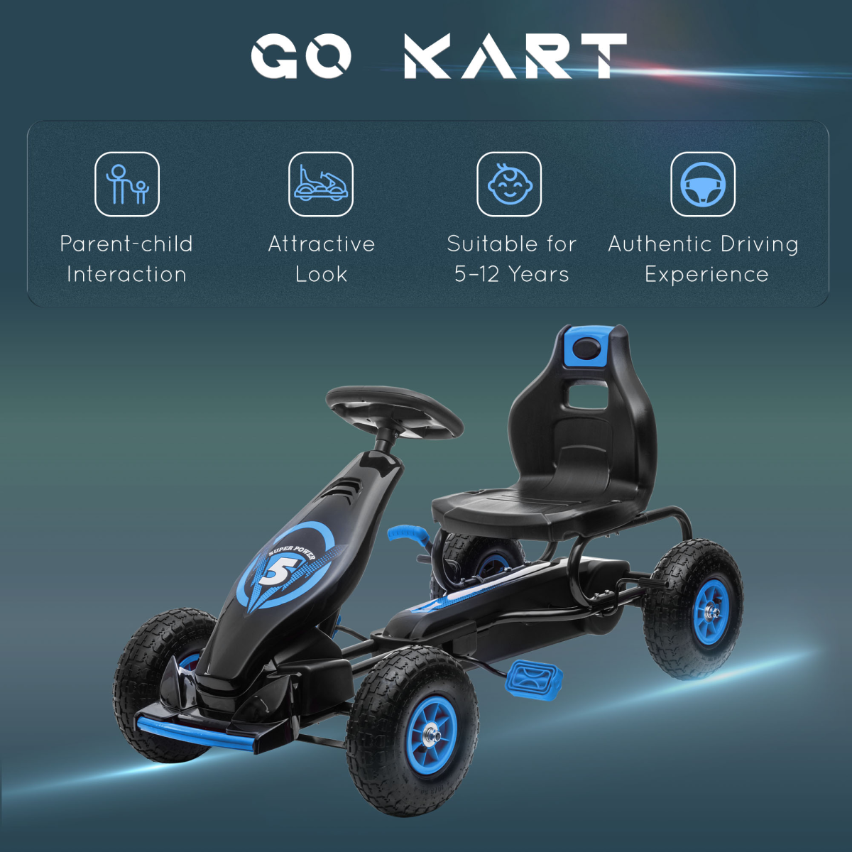 Kids Pedal Go Kart w/ Adjustable Seat, Rubber Wheels, Brake, Blue