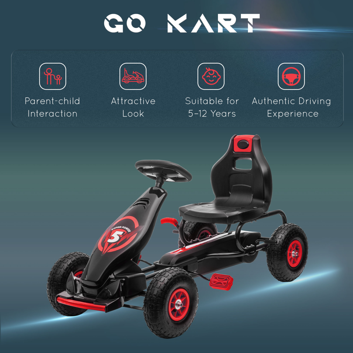 Kids Pedal Go Kart w/ Adjustable Seat, Rubber Wheels, Brake - Red