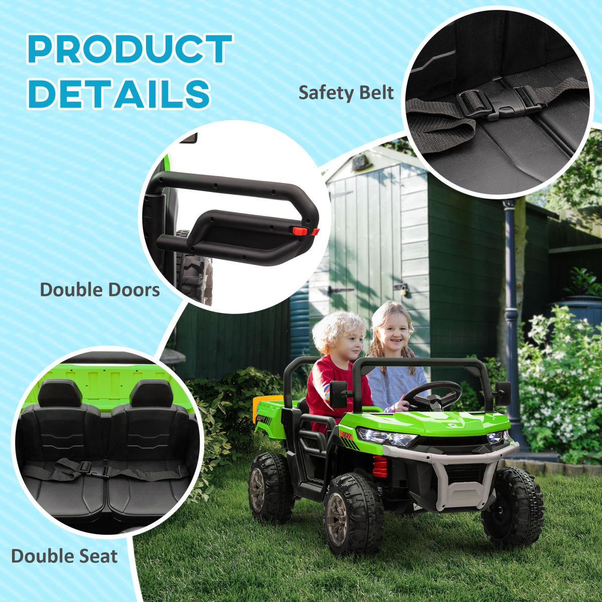 Two-Seater Kids Electric Ride-On Car w/ Electric Bucket - Green