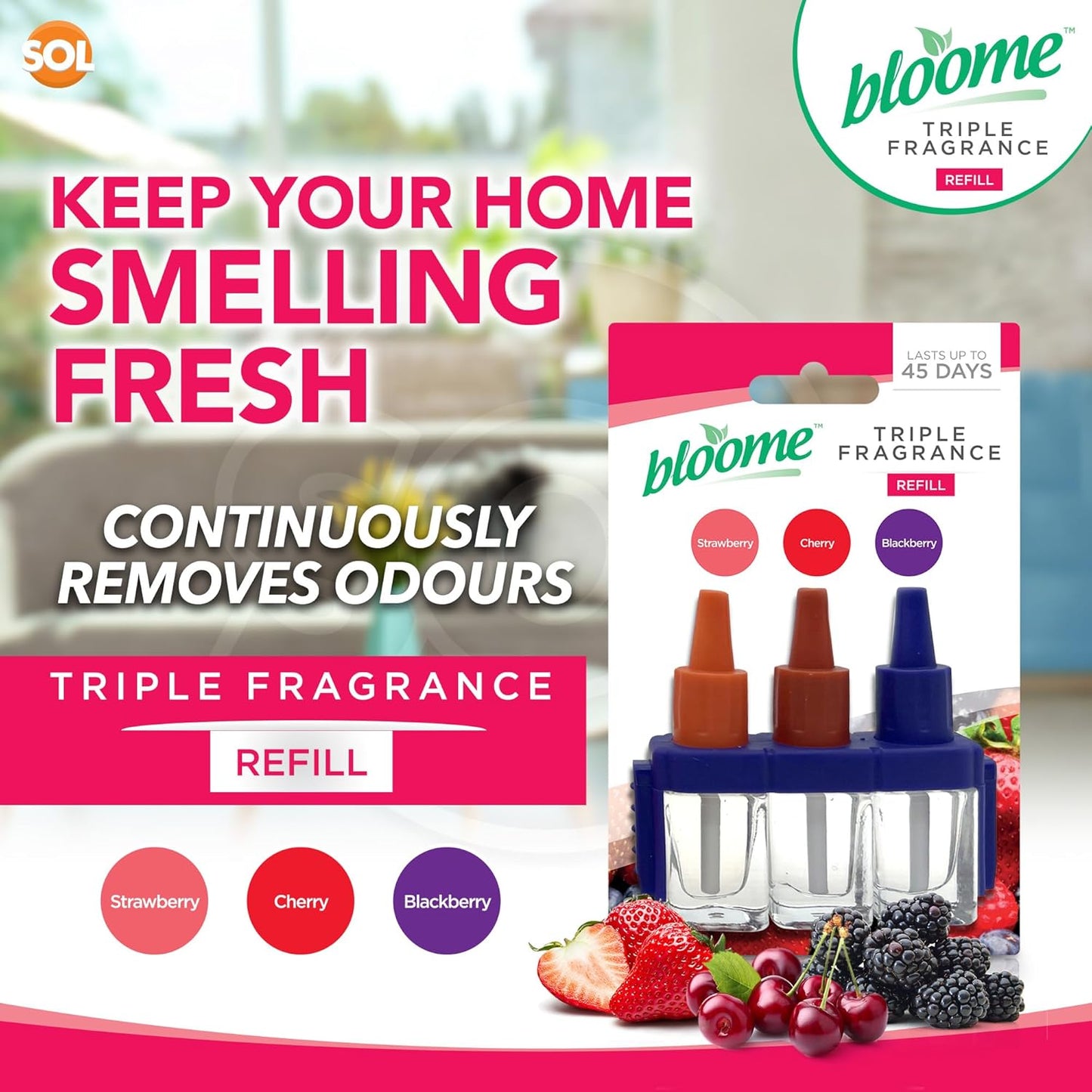 Bloome Air Freshener Triple Fragrance Oil Plug In Refill - Strawberry / Cherry / Blackberry (3Volution Compatible)