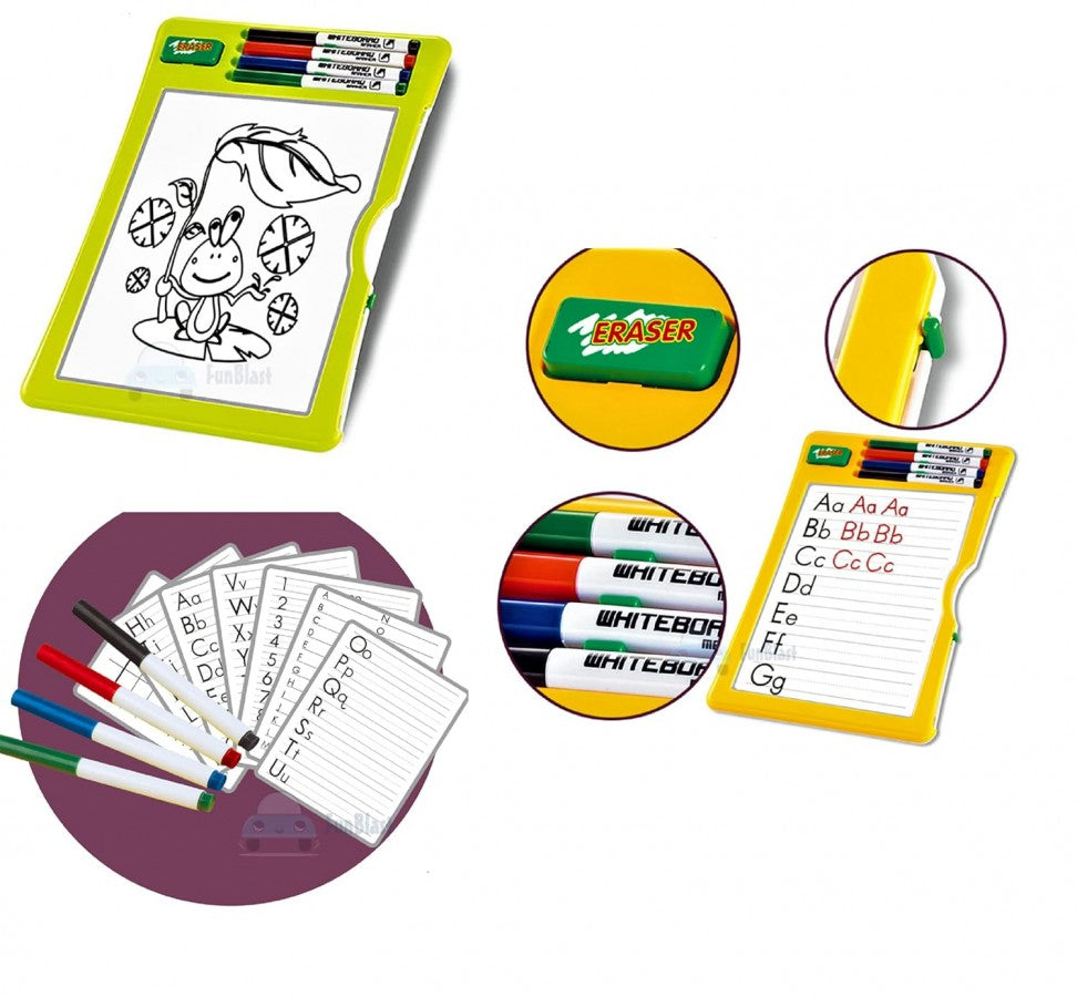 Wipe and Clean Magic Drawing & Writing Board for Kids - Reusable Graffiti Art Board with 4 Whiteboard Pens, 8 Study Cards & 1 Eraser - Educational Learning Toy for Children
