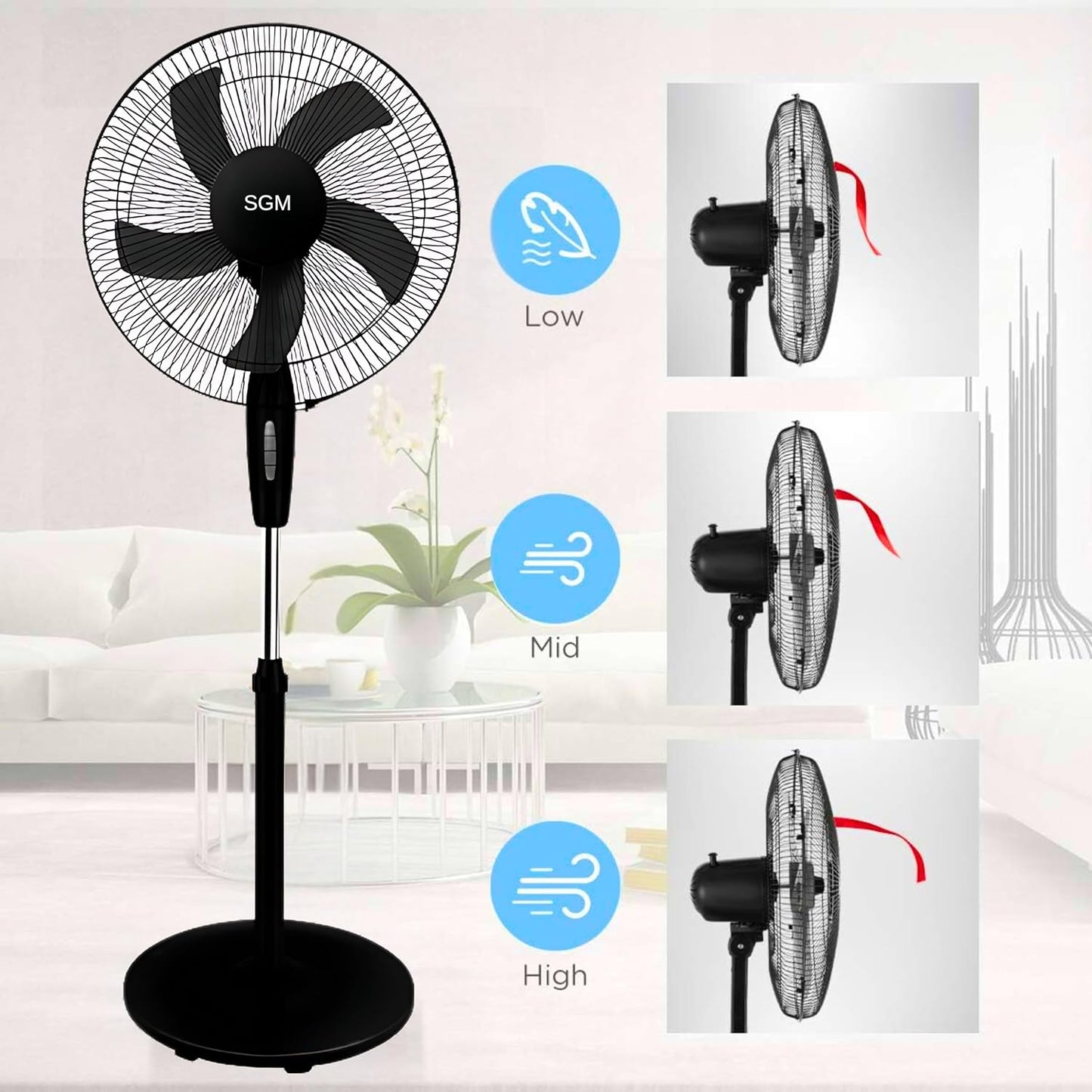 16 Inch Standing Oscillating Pedestal Fan with Adjustable Height & 3 Speeds