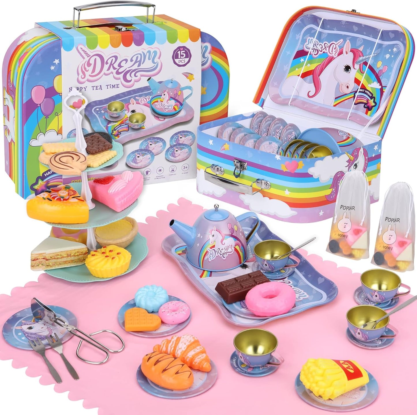 Unicorn Rainbow Style Complete Metal Tea Set 15 Pieces