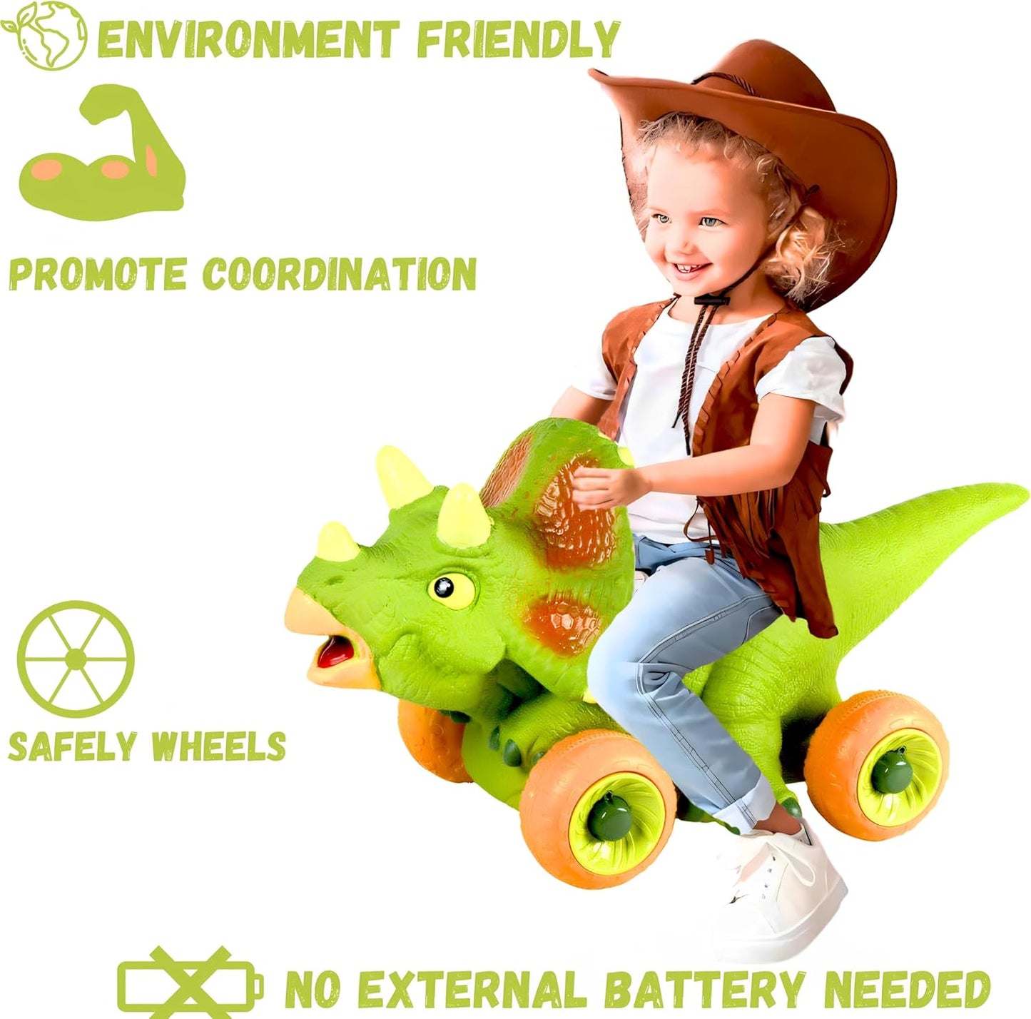 Triceratops Ride On Kids Toy With Wheels Push Along