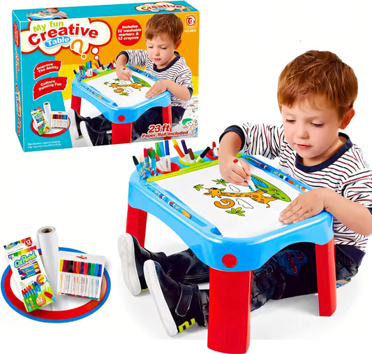 Kids Magnetic Drawing Board & Learning Table Set - Educational Art Desk with 12 Washable Markers, 12 Crayons & 23ft Paper Roll