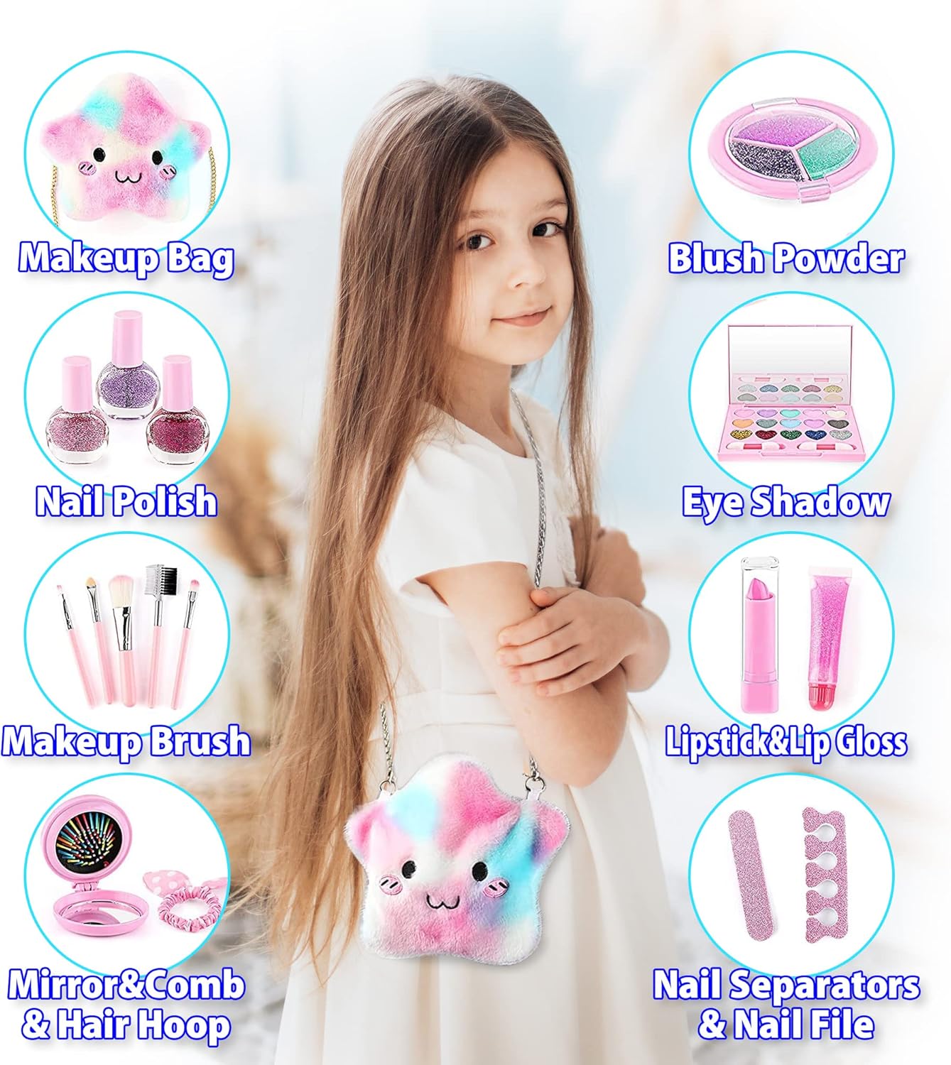 Girls 20 Piece Pretend Play Make Up Set with Fluffy Star Carry Bag Case
