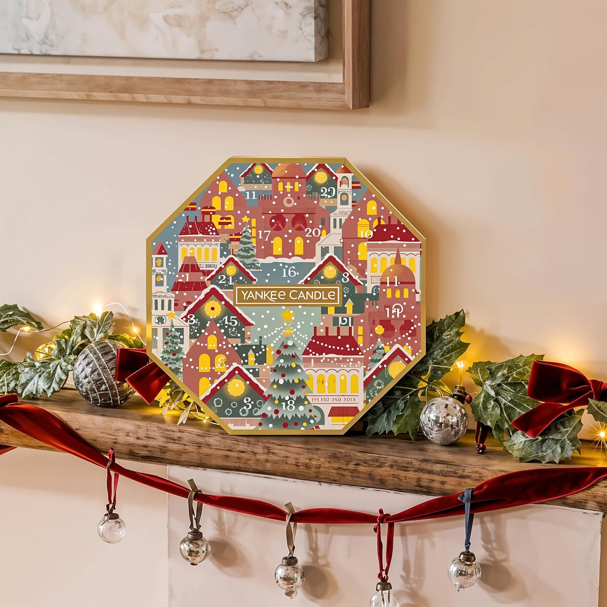 Yankee Candle Advent Calendar Wreath includes 24 Tea Lights & 1 Tea Light Holder - Passport to the Holidays Edition