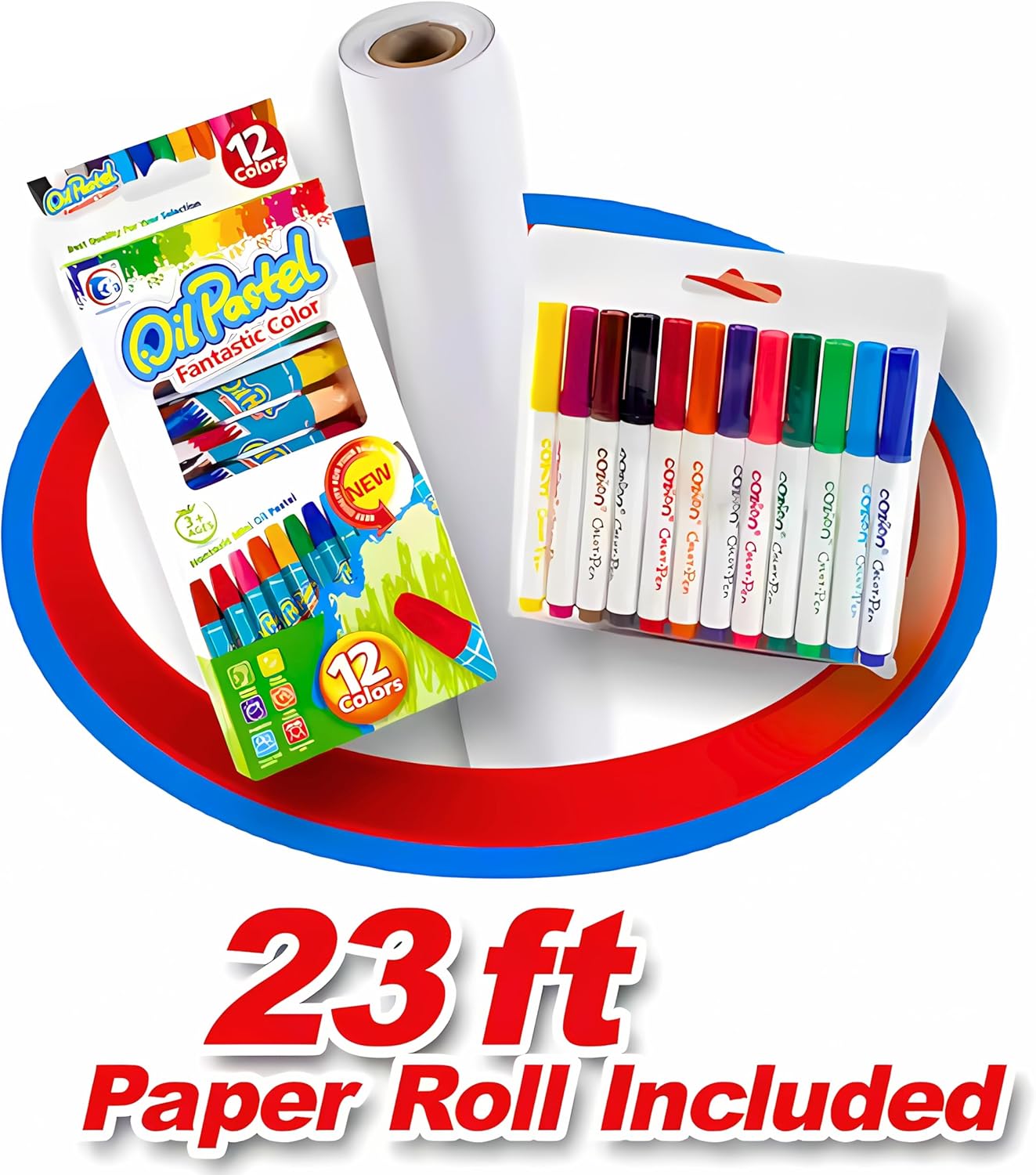 Kids Magnetic Drawing Board & Learning Table Set - Educational Art Desk with 12 Washable Markers, 12 Crayons & 23ft Paper Roll