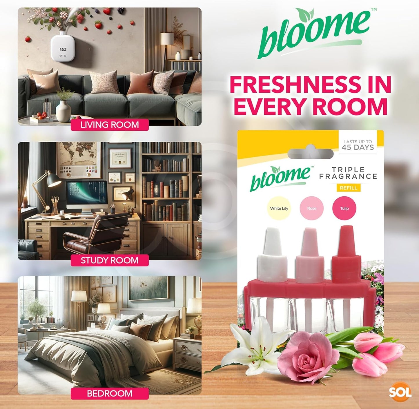 Bloome Air Freshener Triple Fragrance Oil Plug In Refill - White Lily / Rose / Tulip (3Volution Compatible)