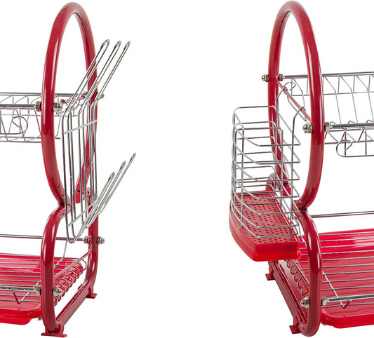 2 Tier Kitchen Dish Drainer Metal and Plastic Red 53741