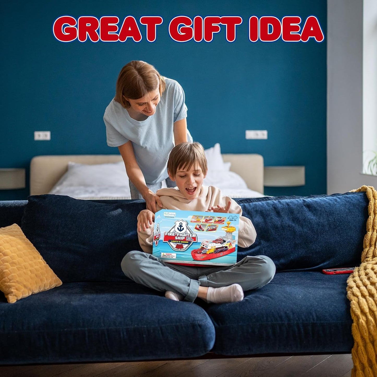 Coast Guard Fire Rescue Boat With Lights & Sound Light Up Boat Toy with 3 Toy Cars