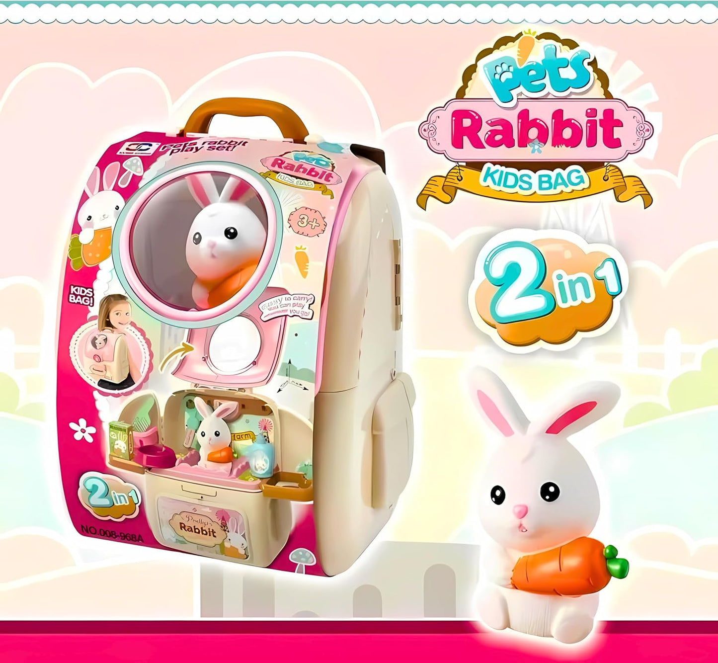 Cute Bunny Rabbit Pet Set Backpack & Toy Playset